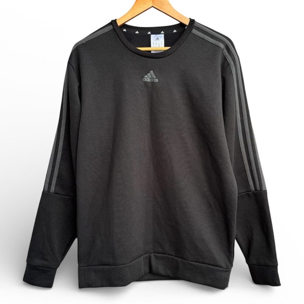 Adidas Black Crewneck Fleece Pullover Grey Stripes M